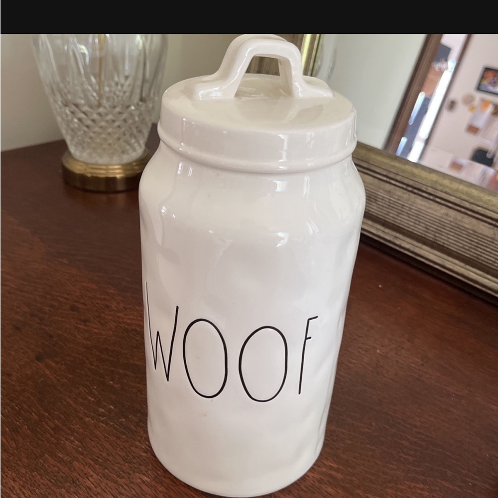 Rae Dunn White Ceramic 'WOOF' dog Treat cookie Jar